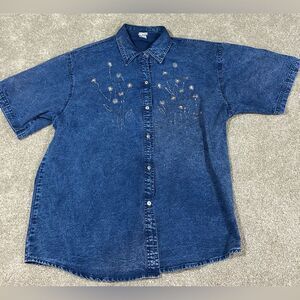 Vintage Denim Shirt XXXL Embroidered Beaded Flowers Short Sleeve Western Y2K